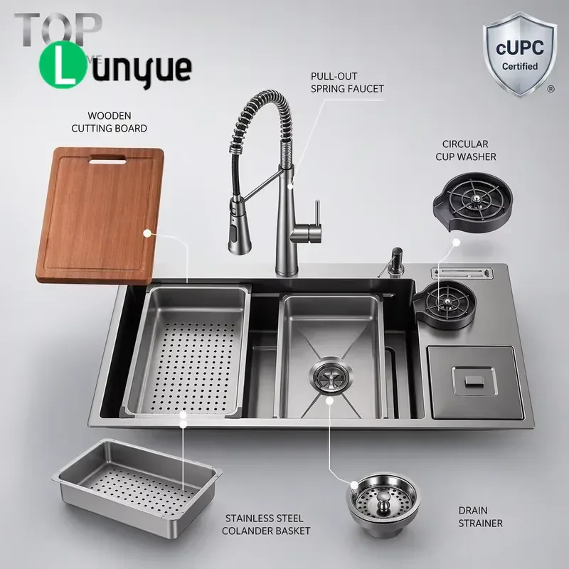 Smart Waterfall Single Bowl Kitchen Sink Handcrafted 304 Stainless Steel Undermount Basin Durable Modern Design
