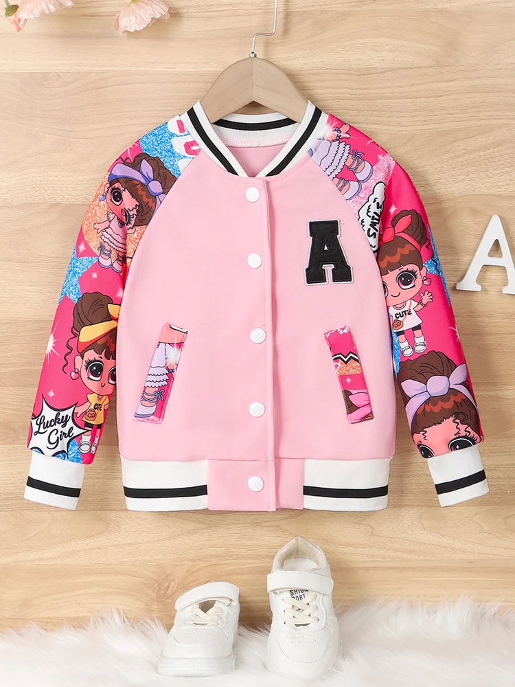 Girls Letter“A” Pattern Cartoon Doll Print Baseball Uniform Jacket, Kids\'s Spring and Autumn Casual Jacket