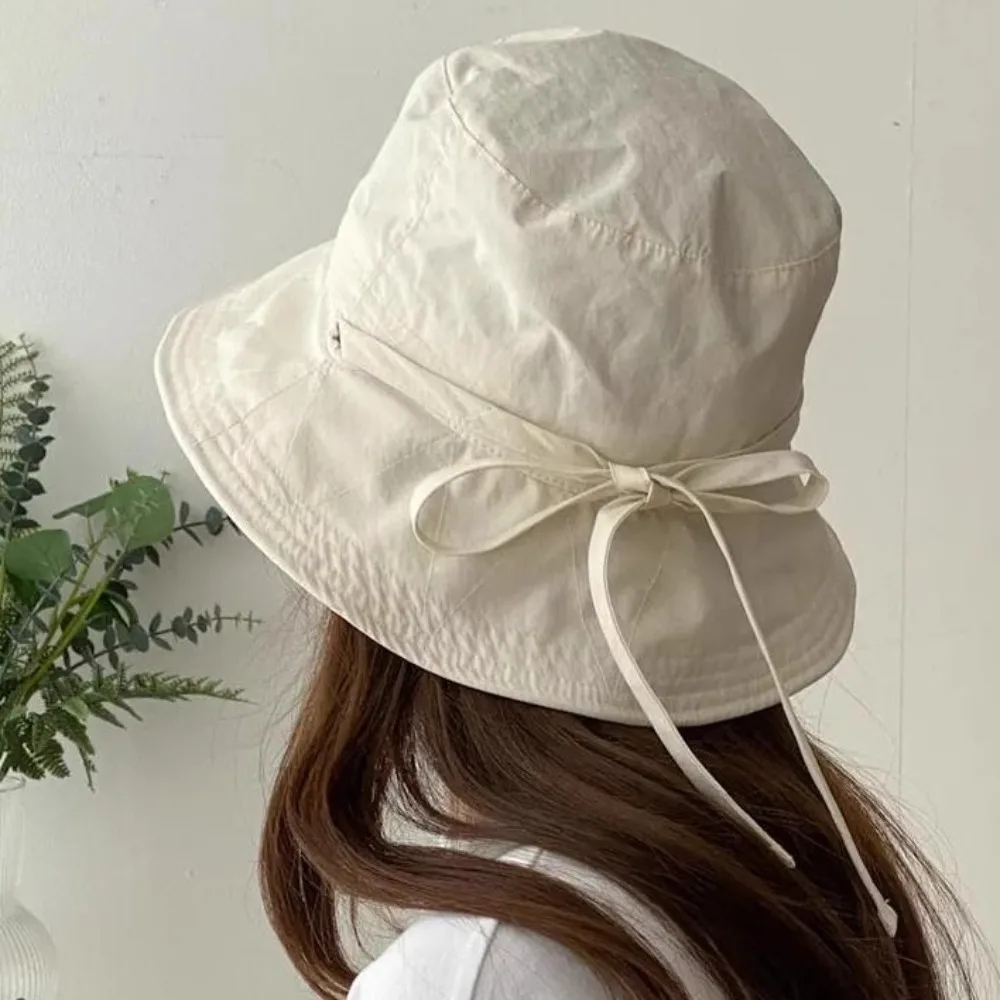 Casual Windbreak Rope Fisherman Hat Lace-up Thin Sunscreen Hat Solid Color Tie Bucket Cap Outdoor