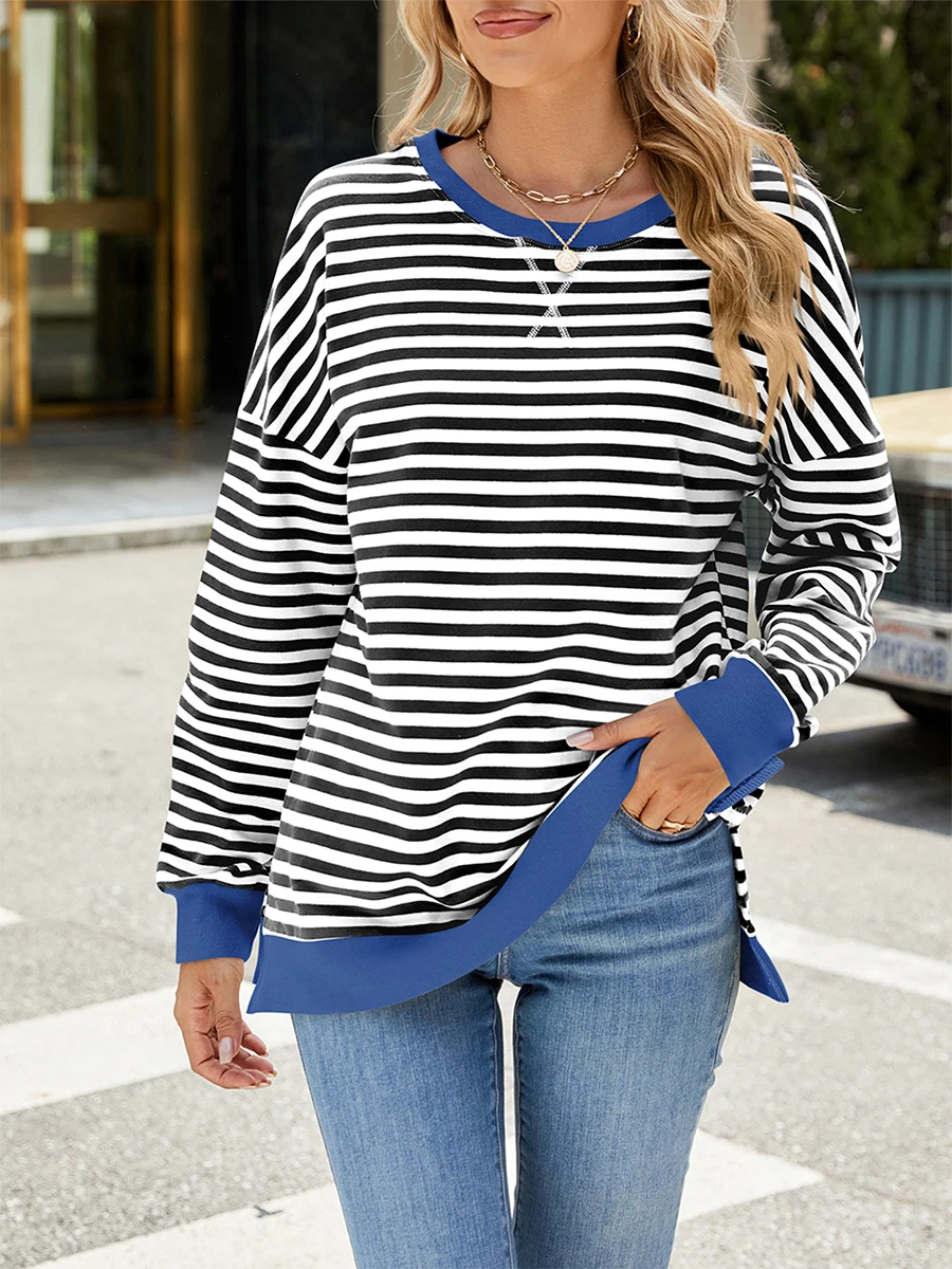 Women Loose Sportswear Striped Contrasting Color Round Neck Long Sleeved Pullover Autumn Winter Loose Casual Striped Sweatshirt