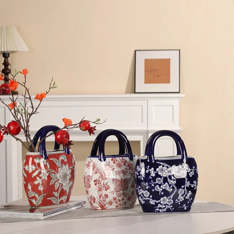 Chinese-style Retro Ceramic Vase Bag-shaped Vase Handcrafted Hand-painted Handicraft Ceramic Bottle Flowerpot Vases Pots