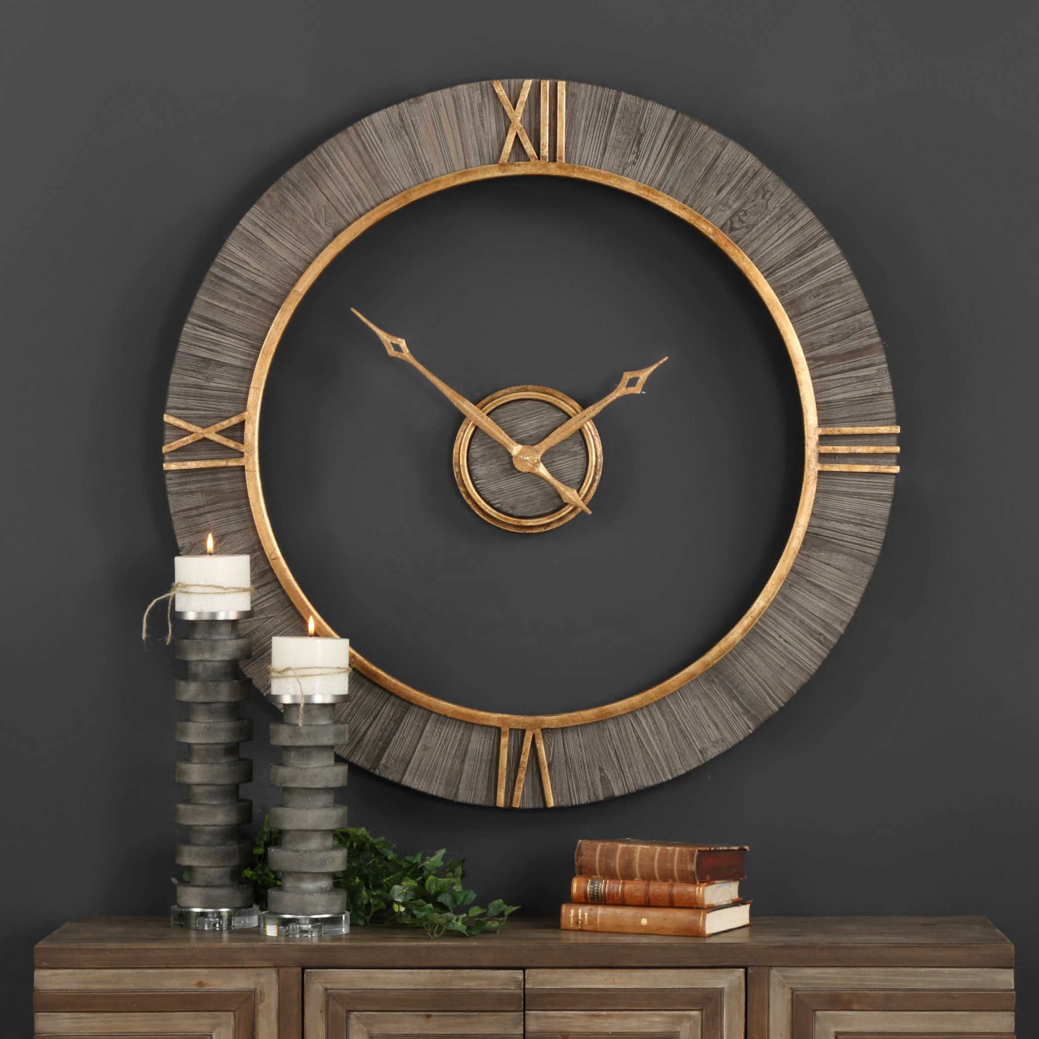 Wooden Border Floating Center Dial Wall Clock With Gold Metal Roman Numbers