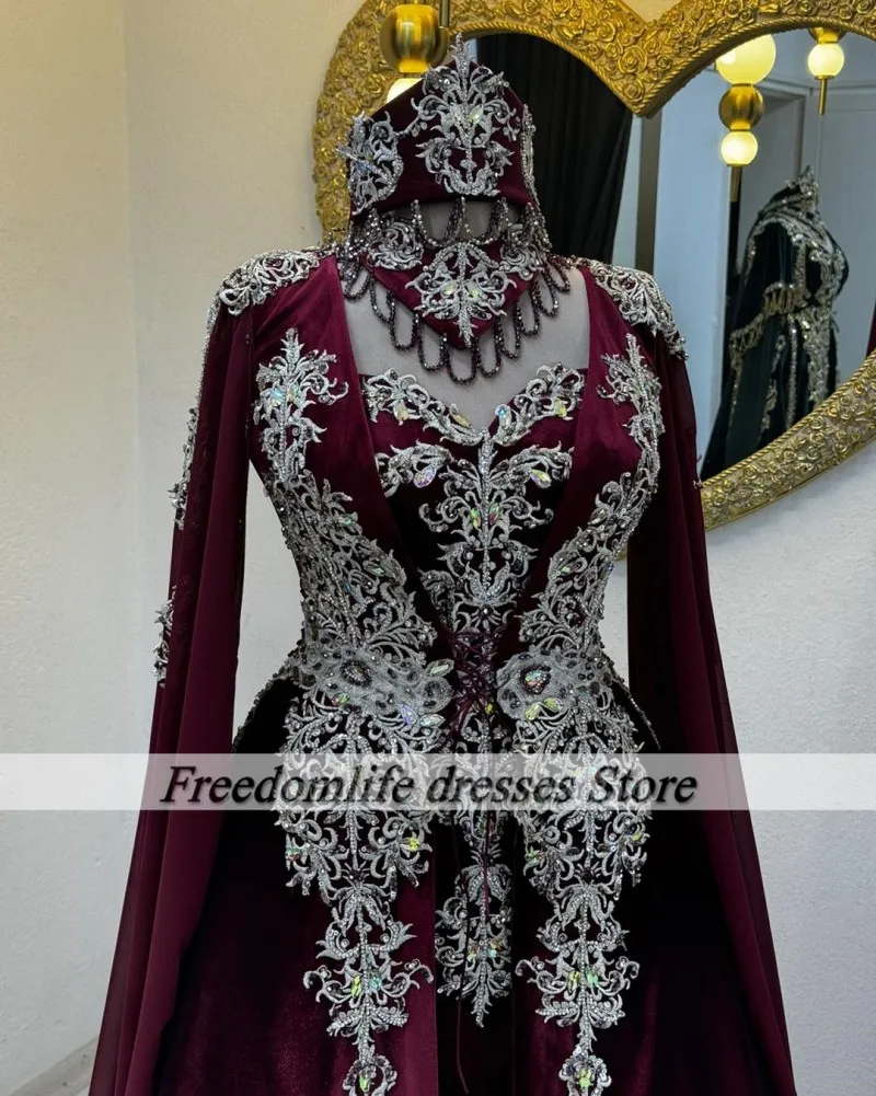 Customized Moroccan Caftan Evening Dresses Elegant Lace Applique Burgundy A Line Wedding Party Gowns Two Piece Formal Prom Dress