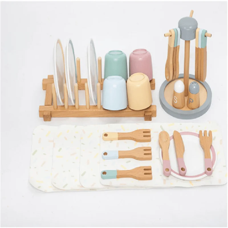 Brinquedo de Utensílios de Cozinha de Comida de Brincadeira para Bebês, Conjunto de Brinquedos Multifuncional de Reconhecimento de Formas em Madeira