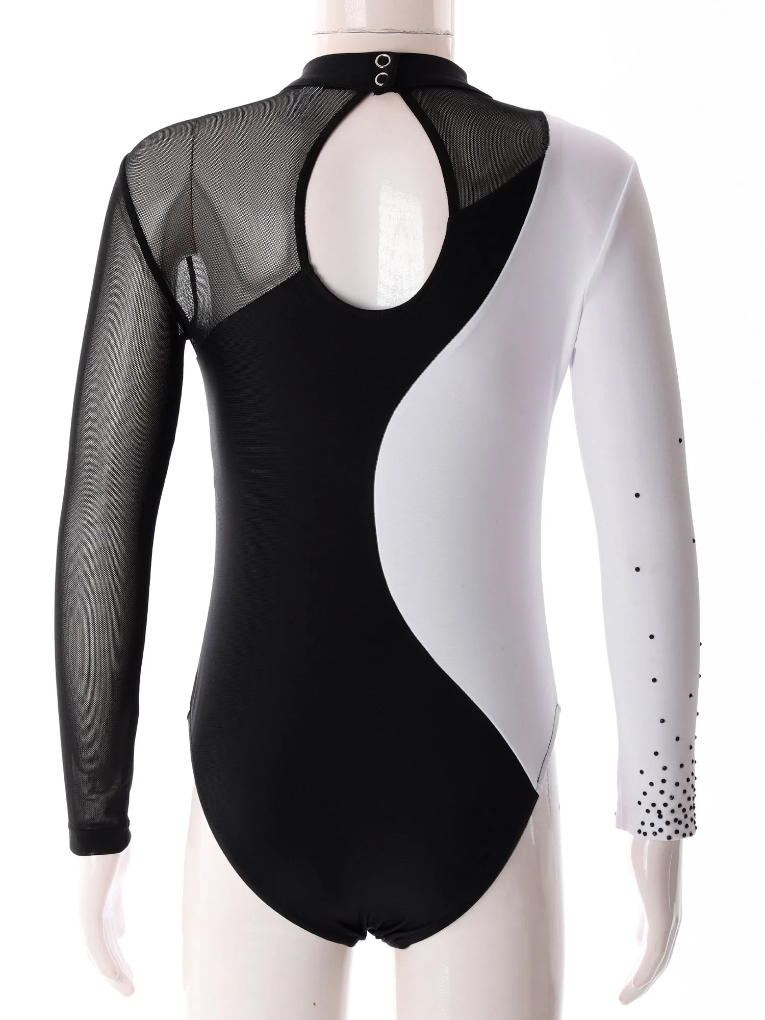 Girls Long Sleeve Ballet Dance Leotard Shiny Rhinestone Sheer Mesh Gymnastics Bodysuit Figure Skating Stage Performance Costume