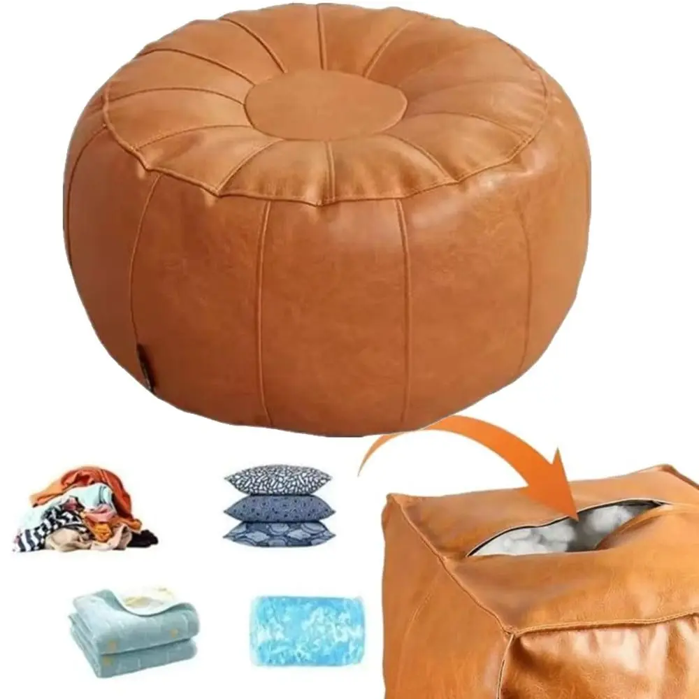 

PU Leather Unstuffed Storage Leg Bench Need to Fill Clothes Large Capacity Clothes Storage Chair Round Nordic Storage Pouf