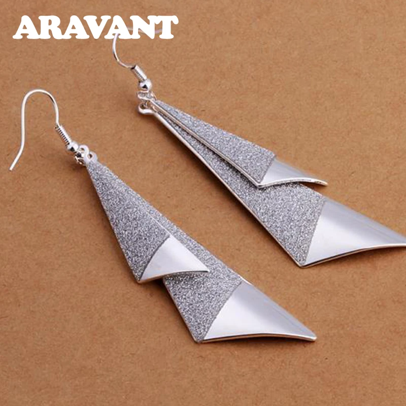 

925 Silver Scrub Double Layer Long Drop Earrings For Women Wedding Jewelry