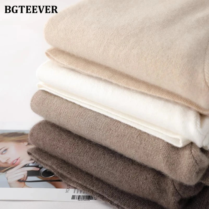 BGTEEVER Chic Stylish High Waist Pockets Ladies Knitted Straight Trousers Autumn Winter Loose Female Wide Leg Sweater Pants