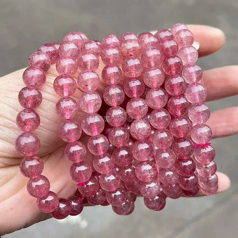 JD 3A Natural Brazil Strawberry Quartz Bracelets Women Fashion Red Crystal Clear Round Beads Lovers Strand Bangles Jewelry
