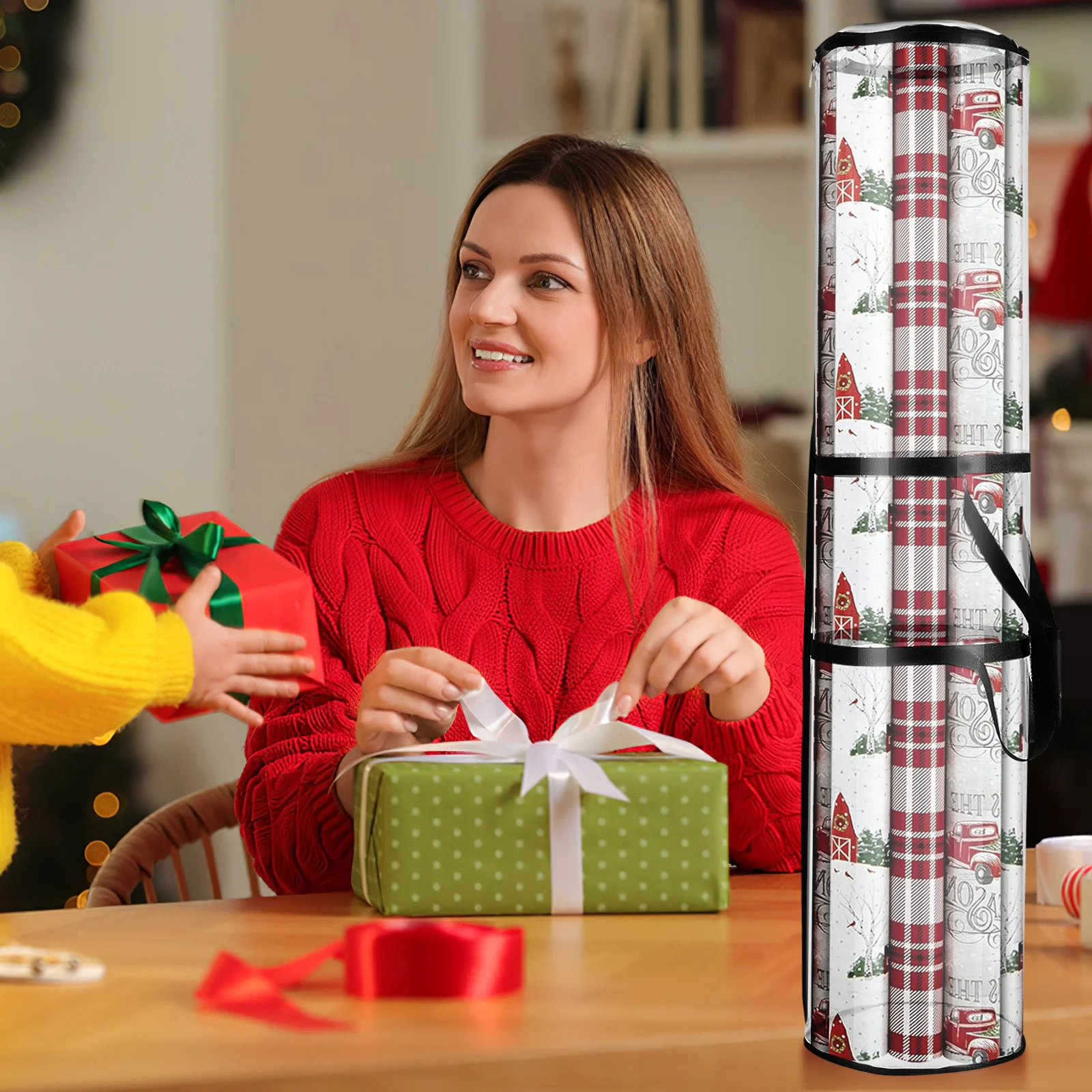 

2 шт., сумка для хранения упаковочной бумаги, большая вместимость, свернутый дизайн, прочный материал из ПВХ, удобная ручка, подарочная упаковка для хранения