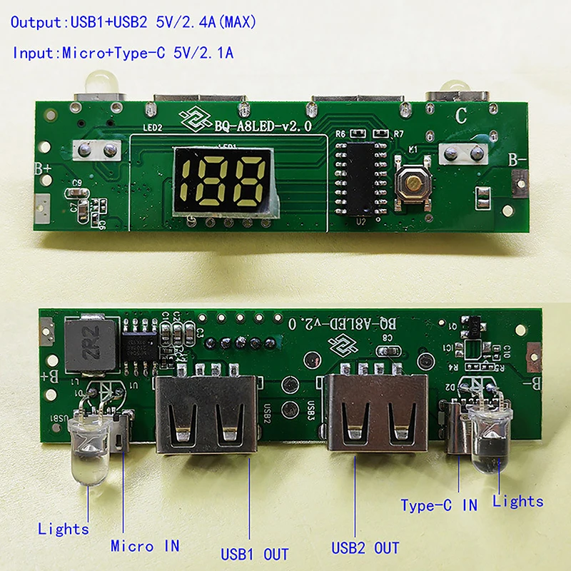 Cargador de batería de litio, Placa de protección de circuito, USB Dual LED, 5V, 2.4A, Micro/tipo-c, Banco de energía móvil, módulo de carga 18650