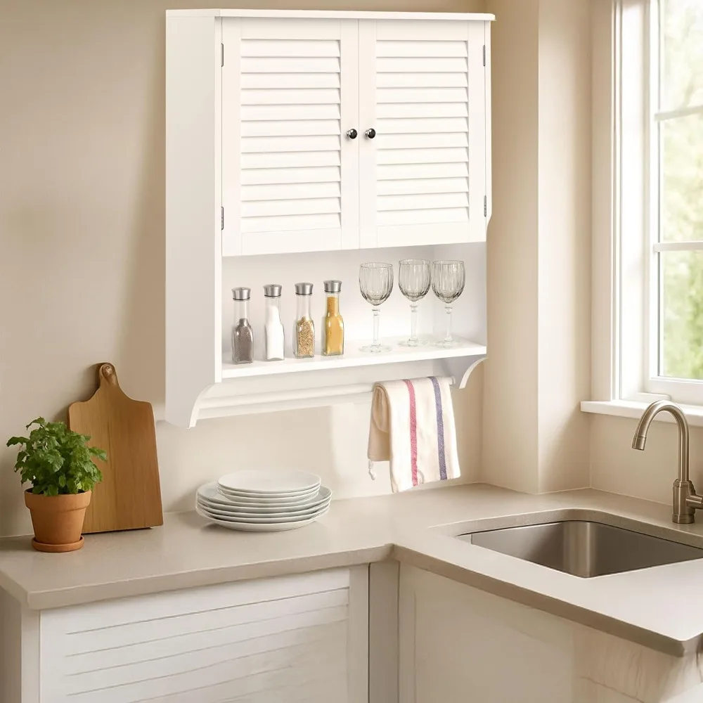 Стильный белый настенный шкаф для ванной комнаты с жалюзи, вешалкой для полотенец и регулируемыми полками для небольших домов