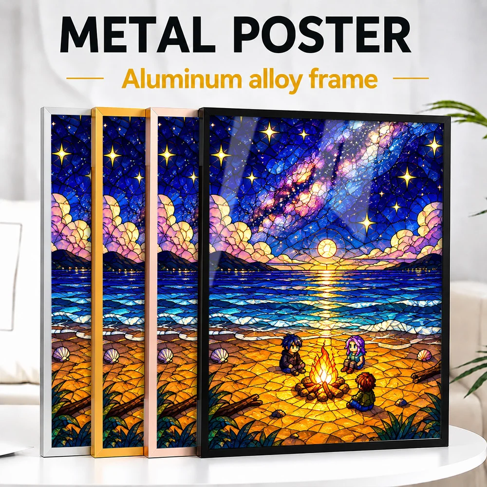 Stardew Valley Beach Campfire Metal Poster With Aluminum Alloy Frame Customized Stained Glass Inspired Wall Art For Gaming Room