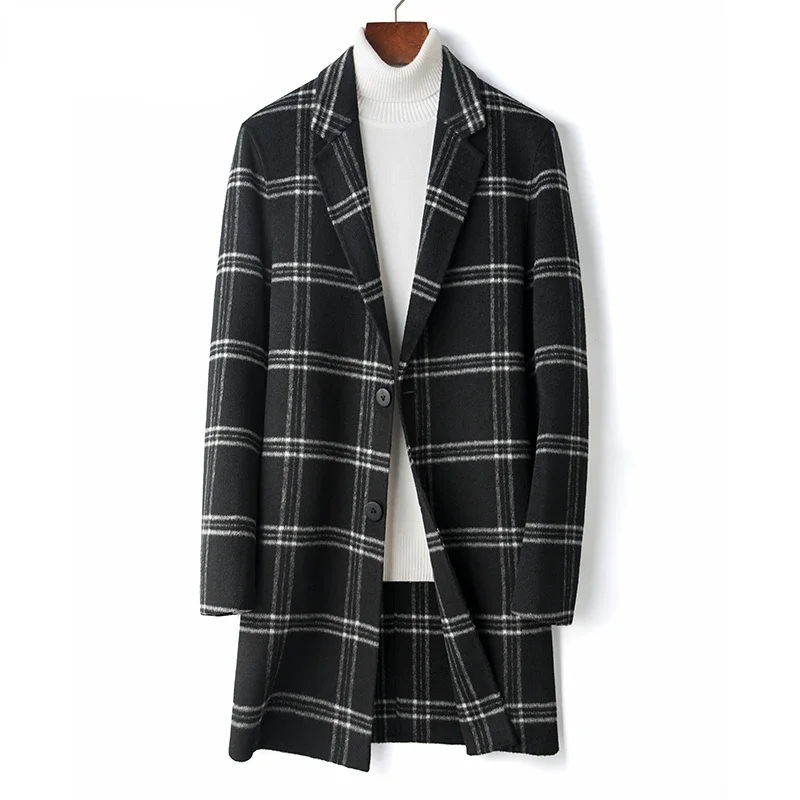 

2023 Men Autumn Winter New Turn Down Collar Wool Coats Male Long Sleeve Plaid Outerwear Men Casual Woolen Windbreaker Jacket