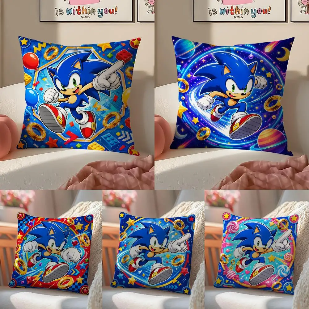 Cartoon Game Role S-Sonic Cushion Cover Double-Sided Plush Sofa Cushion Covers Organic Breathable Invisible Zipper