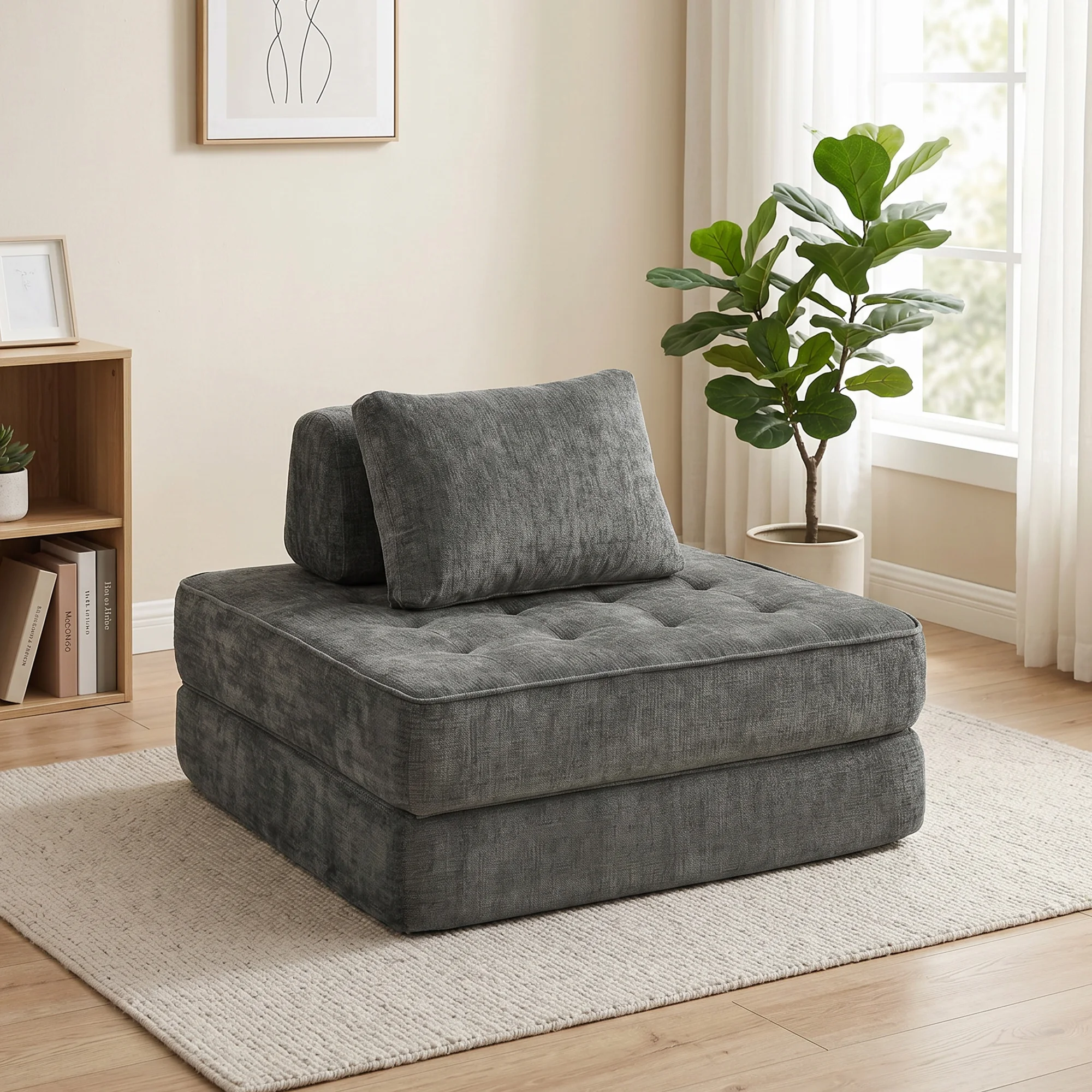 HOMCOM Schlafsessel 2 in 1 Klappbar Schlafsofa mit Schlaffunktion, Kissen, Komfortable Gästebett mit Chenille-Optik, 97 x 194 cm Boneless Klappmatratze Bodensessel für Wohnzimmer, Schlafzimmer, Grau