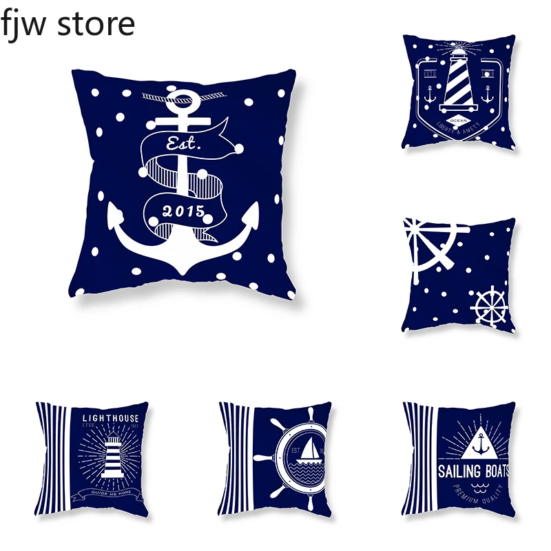 45x45cm Home Decor Compass Anchor Pillow Cover Blue Mediterranean Cushion  Sofa Chair Car Office Decoration Ornament