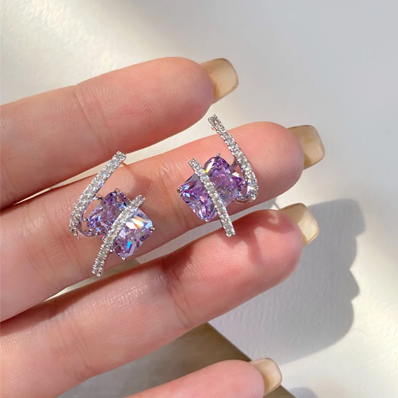 Huitan Gorgeous Purple Cubic Zirconia Stud Earrings for Women Newly Designed Bridal Wedding Accessories Aesthetic Jewelry 2023