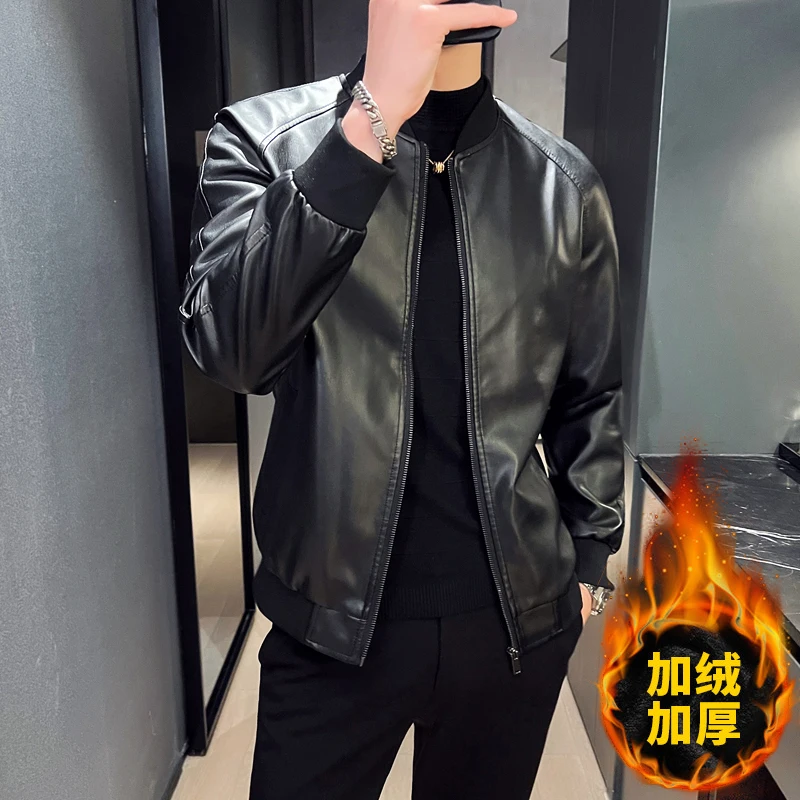 

Осень-зима корейское толстое однотонное пальто с карманом на молнии повседневное плюс бархатные топы свободная кожаная куртка модная мужская одежда хип-хоп