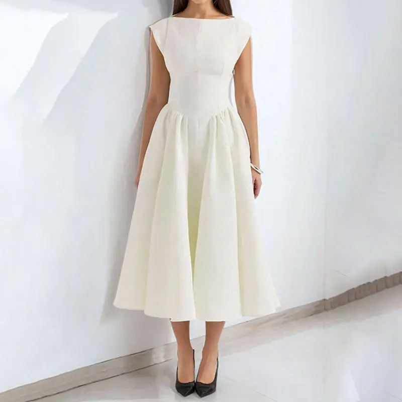 Frühling europäische und amerikanische Damenbekleidung, elegantes, sexy, rückenfreies, modisches, schmal geschnittenes, ärmelloses, einfarbiges Kleid mit Rundhalsausschnitt