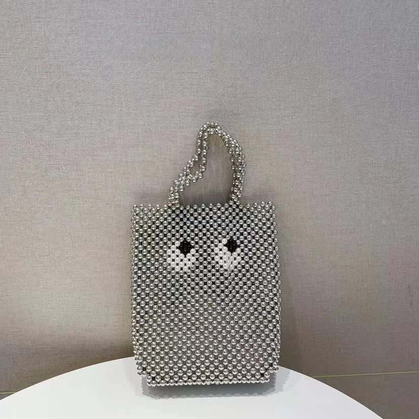 

New Pearl Handbag Eye Design Handmade Beaded Retro Dinner Bag Bla White Trendy Small Design Vertical Square Bag