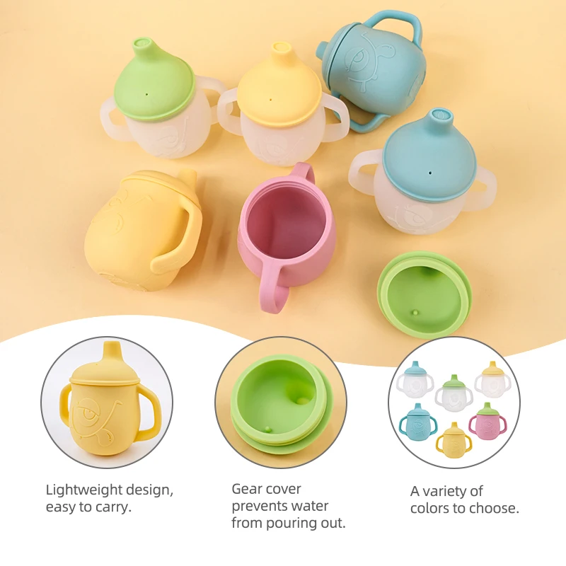 Portable baby drinking cup, handle bottle for newborn learning, silicone tableware, children's water bottle, baby drinking cup