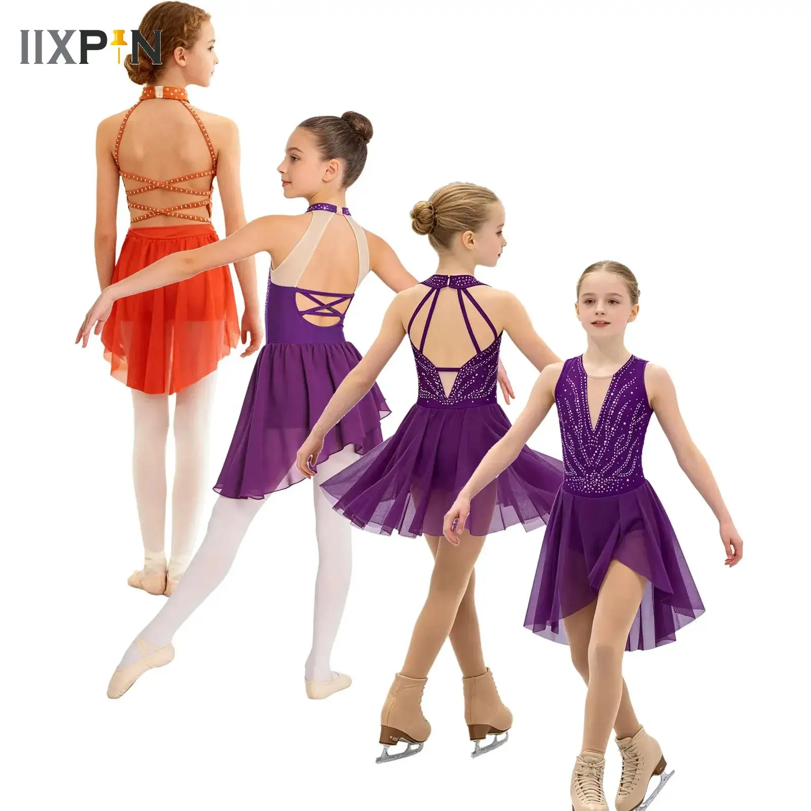 

Big Girls Gymnastics Artistic Figure Skating Ballet Lyrical Dance Costumes Rhinestone Asymmetrical Hem Sleeveless Dance Dresses