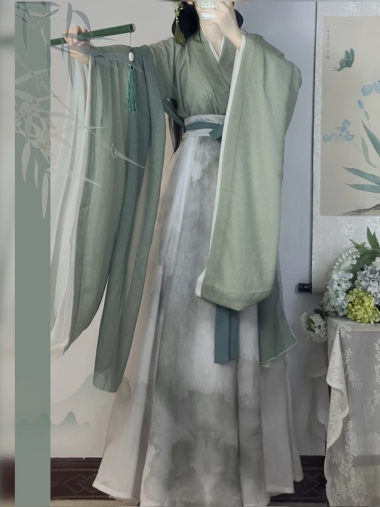 고대 중국 Hanfu 여성 카니발 코스프레 의상 사진 파티 드레스 넓은 소매 Hanfu 녹색 드레스 여성용