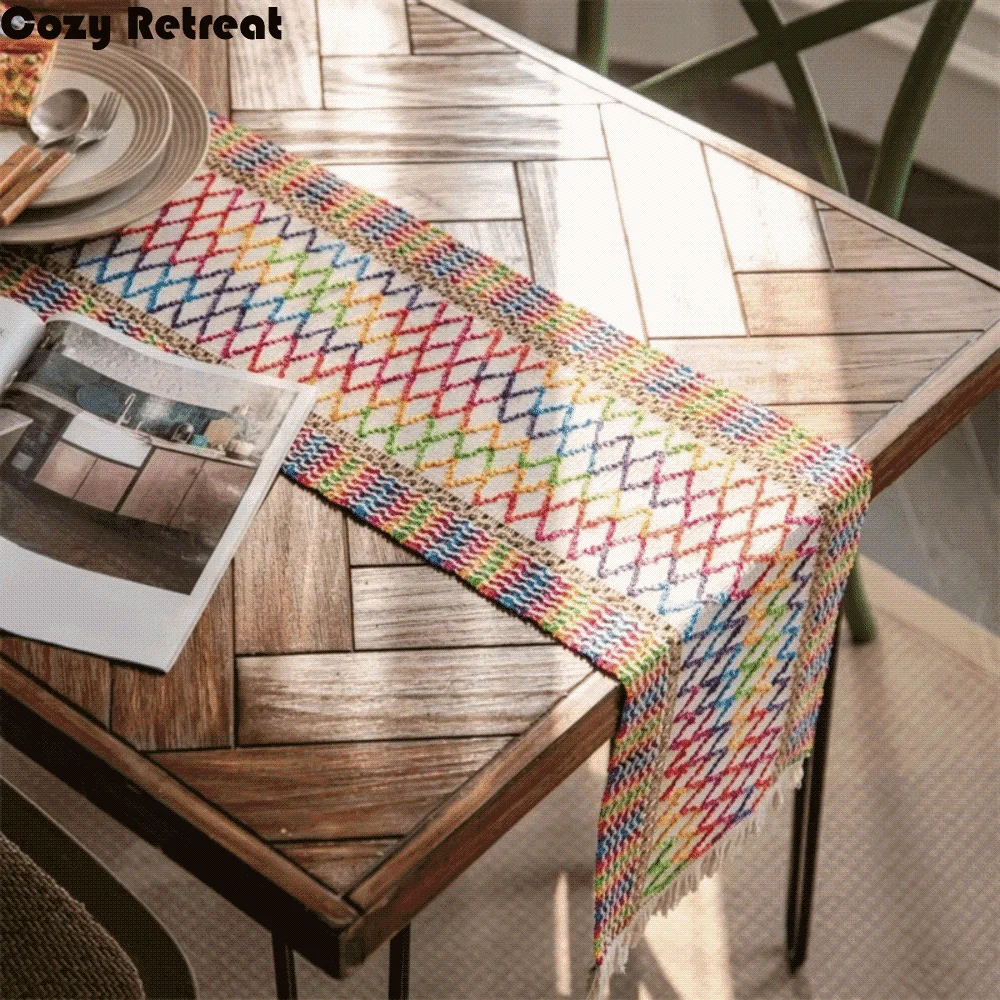 

Богемная скатерть в скандинавском стиле с ромбовидным узором, хлопковая и льняная рождественская скатерть с кисточкой, деревенский настольный флаг