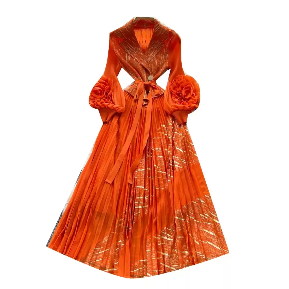 Chique sexy elegante driedimensionale bloemen ruches met lange mouwen A-lijn fee herfst vestidos deel dameskleding - afbeelding 2