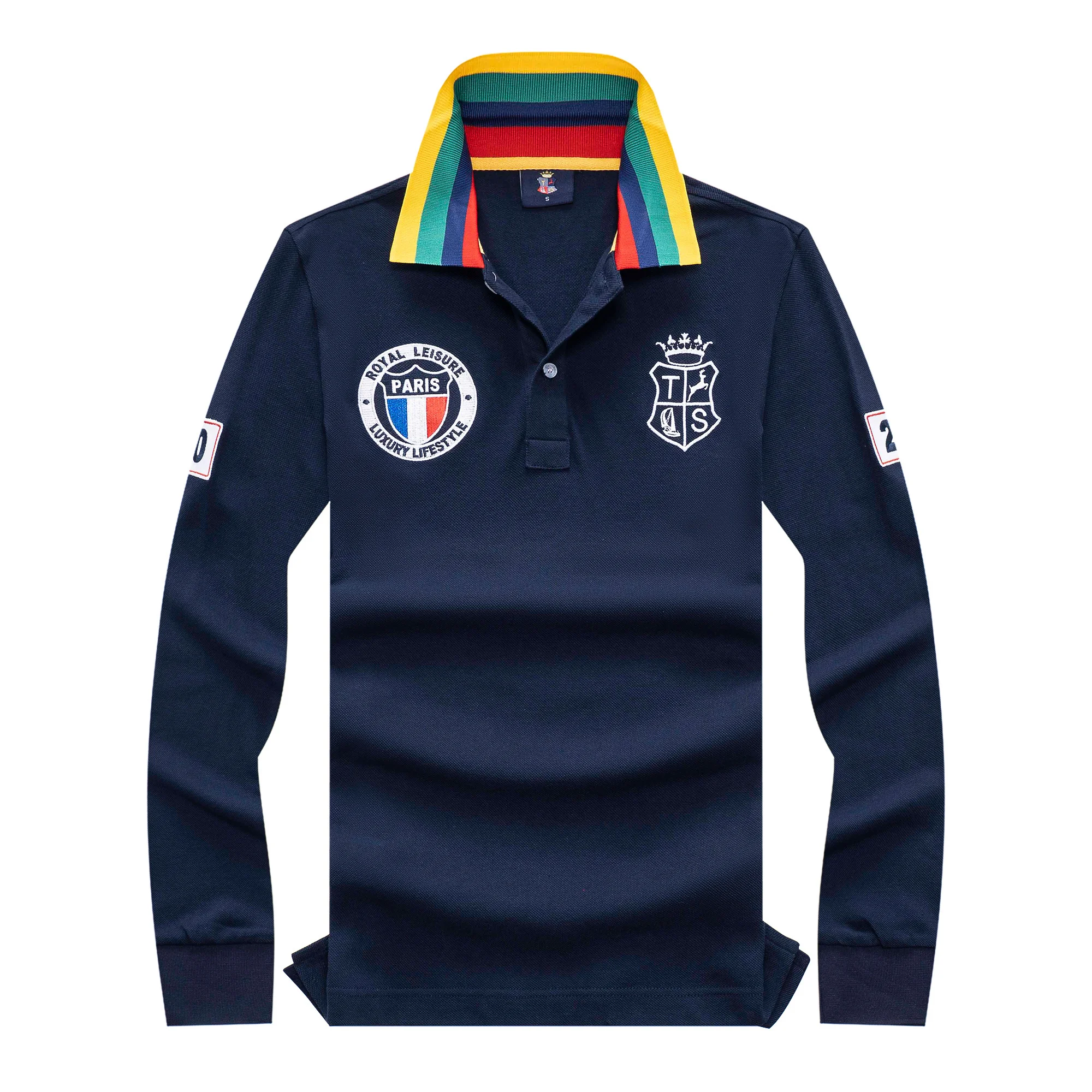 

Navy 100% Cotton Long Polo Shirts for Men Full-Sleeved Collar Tee Shirt with Paris Embroidery Casual Sports Clothing