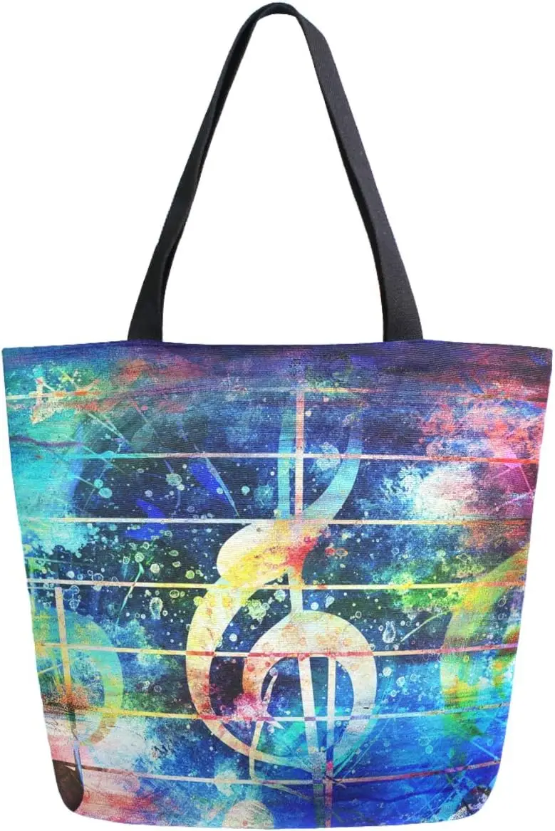 Chic Beautiful Music Notes Violin Clef Extra Large Canvas Shoulder Tote Top Handle Bag for Gym Beach Weekender Travel Shopping