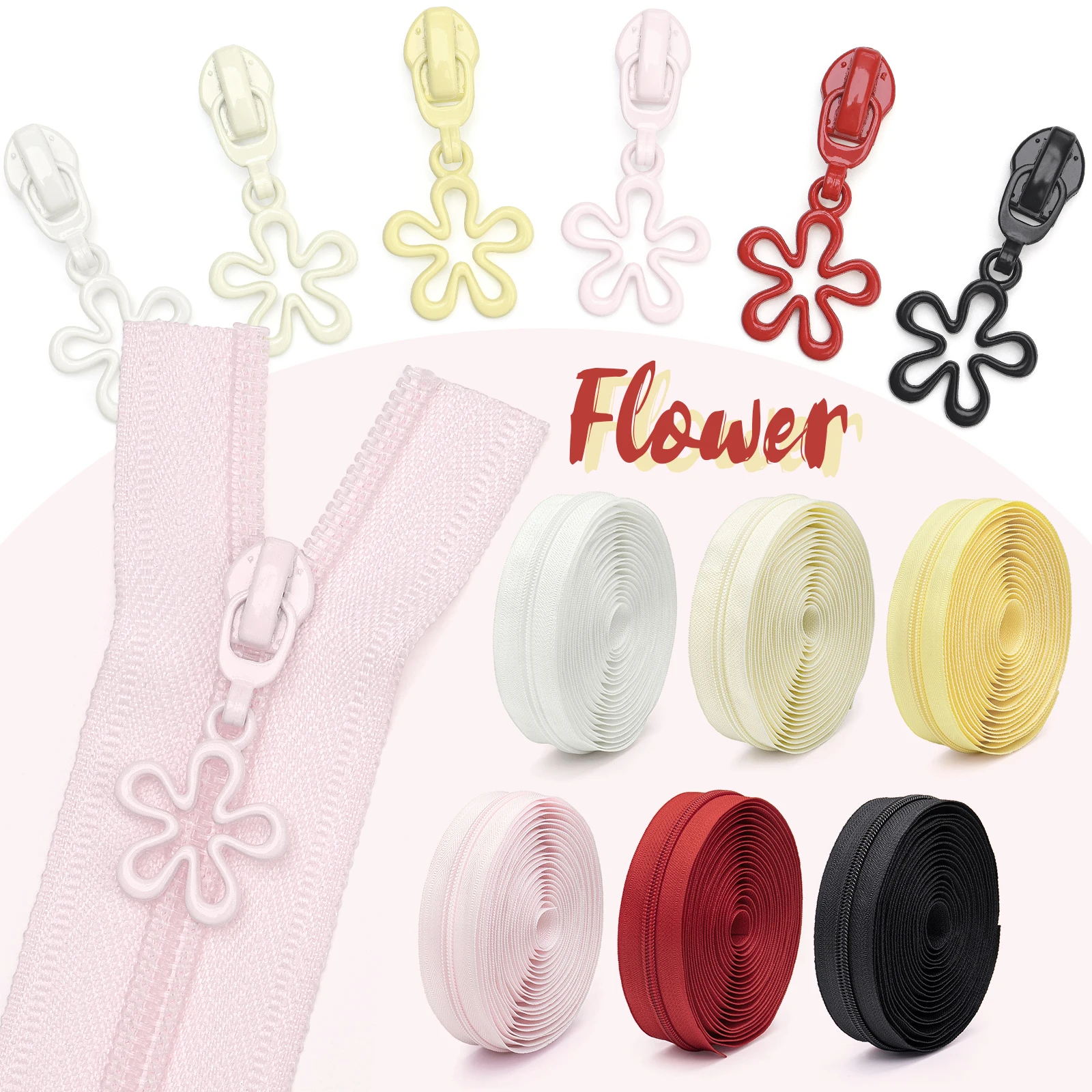 1 Set = 5 Yards (177,16 Zoll) # 5 Nylon-Reißverschlüsse + 10 Reißverschlusszieher mit Korallenblumen-Motiv