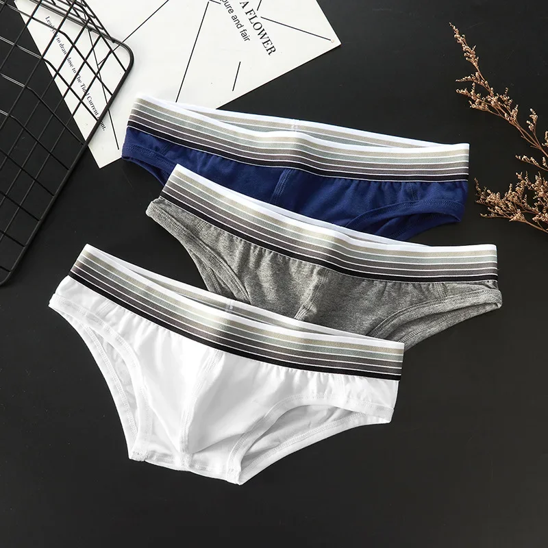 Men\'s Simple Bikini Skin Friendly Cotton Breathable Sweat Absorption Comfortable Mankini Low Waisted Bulge Pouch Hip Lift Briefs