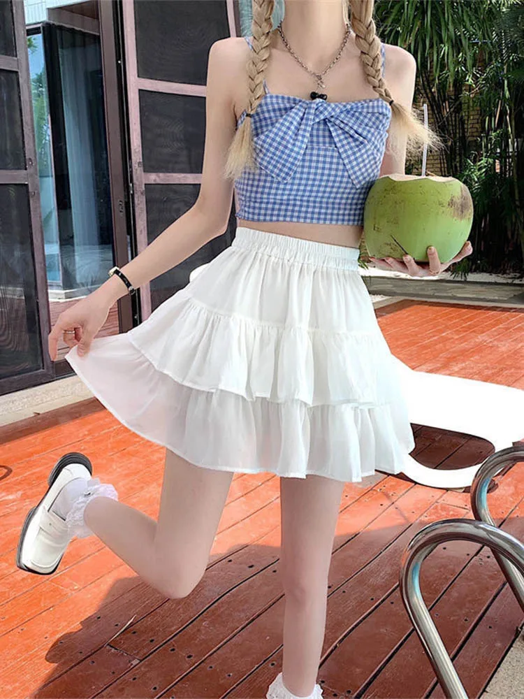 

Pleated A-line Skirt White Women Ruffles Sweet Hottie Preppy Style Elastic Elastic Waist Slim Thin SimpleCasual Summer Wholesale