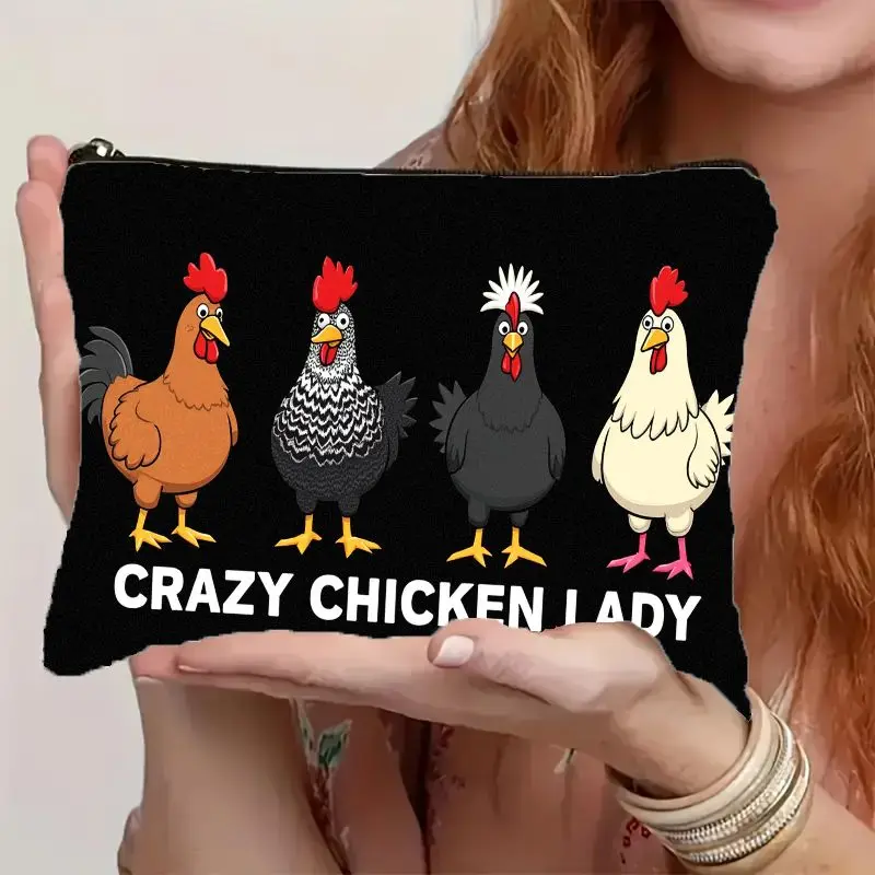 Cosmetic Makeup Bag Featuring a Cartoon Chicken Design, Labeled 'Crazy Chicken Lady', with a Zipper Closure