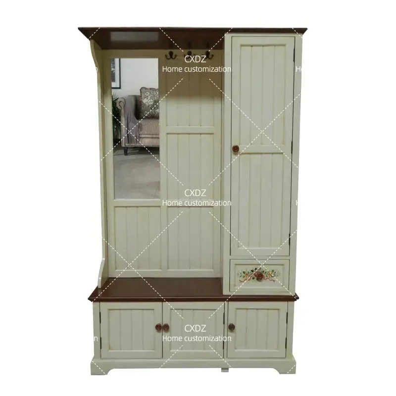 Rural Entryway Storage Cabinet with Shoe Changing Stool Retro Painted Furniture Door Coat Hanger Organizer 0076