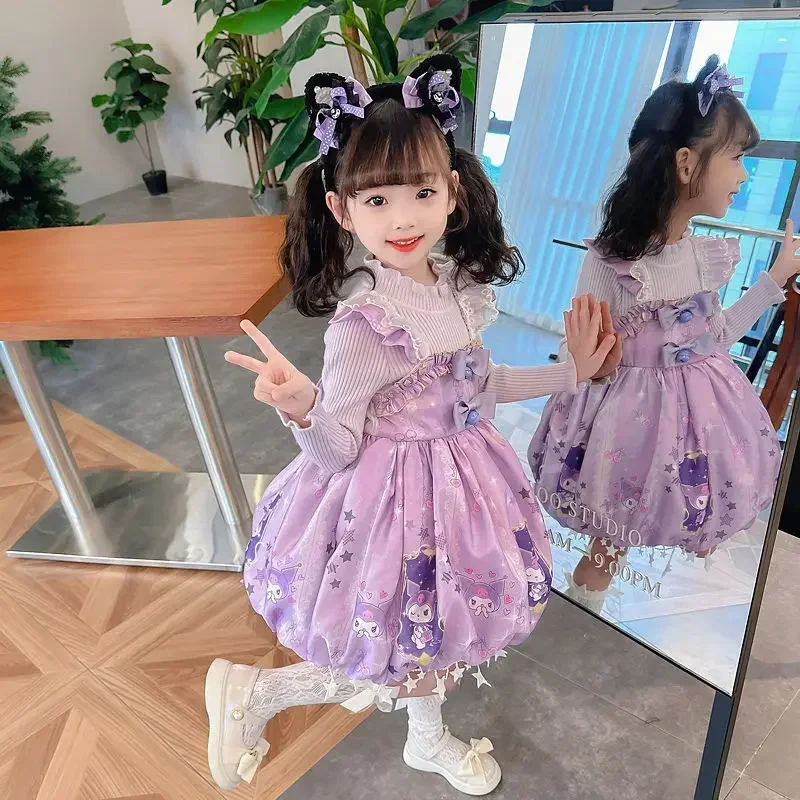 

Sweet Anime Kawaii MINISO Kuromi Ins Long Sleeve Hooded Dress Cute My Melody Princess Skirt Sweater Clothing Gifts for Kids