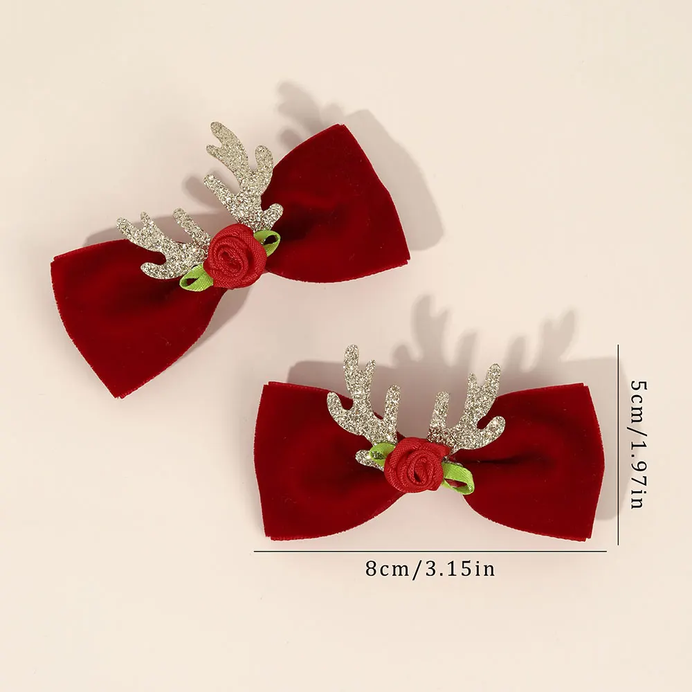 2PCS Glitter Christmas Elk Antlers Hair Clip For Baby Girls Velvet Bow Hairpin Jingle Bells Hairgrip Children New Year Gifts