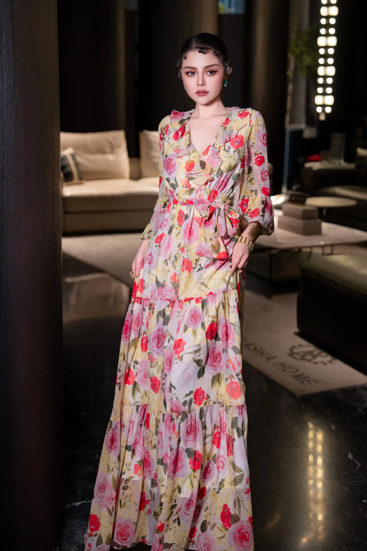 ZJYT Elegante lange maxi-jurken voor dames Vrouwelijke kleding Feestavond Bloemenprint Strandvakantiejurk Zomer Lange mouwen Dame