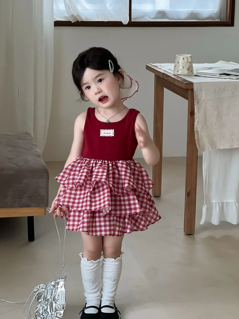 2026 Summer New Girls Sweet Vest Dress Children Sleeveless Splicing Plaid Dress Cotton Baby Girl Princess Dress Kids Clothes