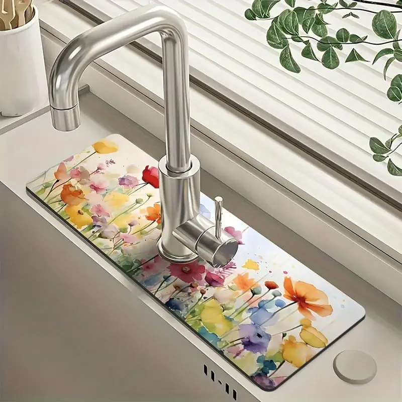 VIKAMA Watercolor Poppy Floral Faucet Mat Diatomite Super Absorbent Non Slip Bathroom Sink Tap Draining Pad Home Decor