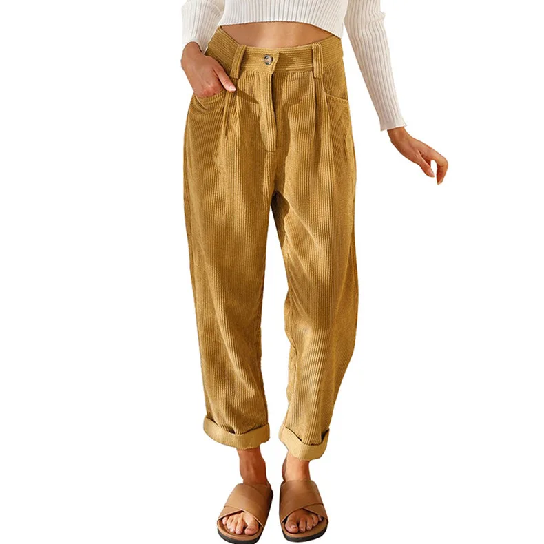 Spring Autumn New Casual Corduroy Trousers High Waist Slant Loose Women Trousers Casual Straight Slim Yellow Pants Streetwear