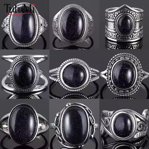 925 Sterling Silver Ring Oval Round Natural Blue Sandstone Ring for Women Gift Retro Luxury Fine Jewelry