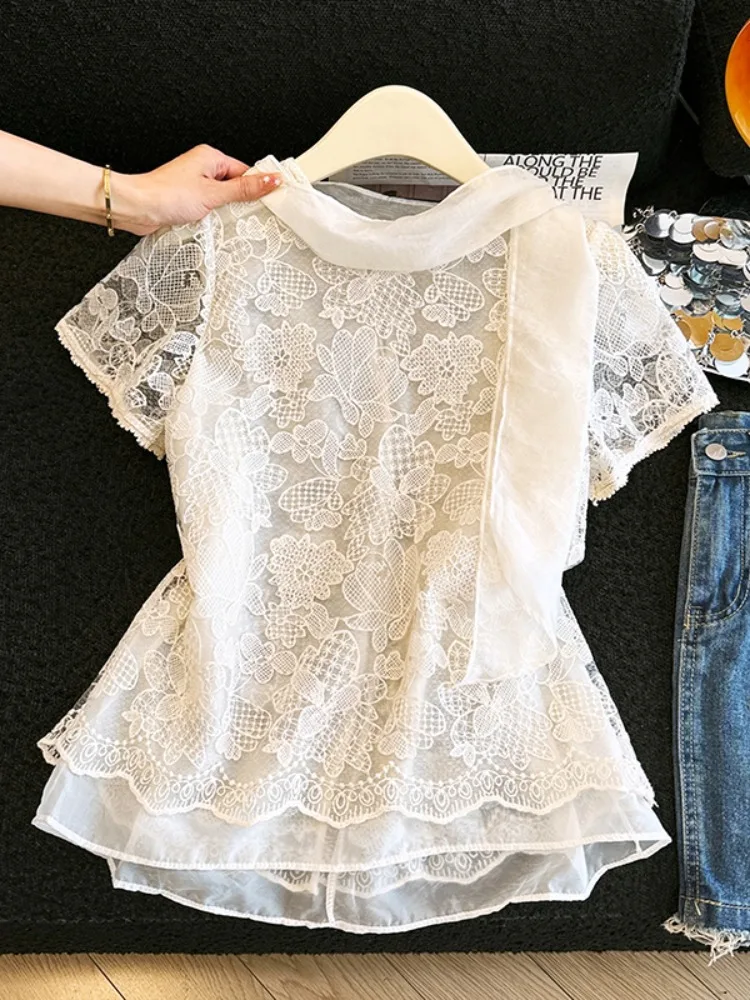 

Elegant Lace Short Sleeve Shirt Women's Summer New Style Beautiful Slimming Floral Embroidery Hollow out Bow Tie Top