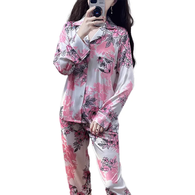 Spring Summer Ice Silk Women Pajamas Silk Stain Retro Floral Pajama Sets Lapel Pijamas Woman Long Sleeved Home Clothing