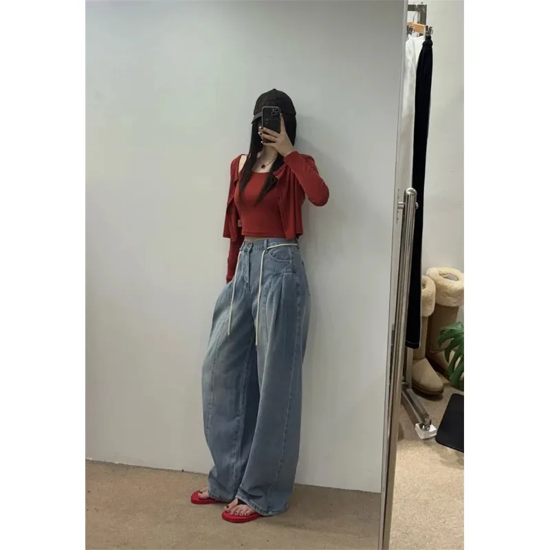 Retro Waed A-Waist Denim Jeans with Knot Rope And Needle Pleats Women's Korean Sle Casual Straight Leg Trousers