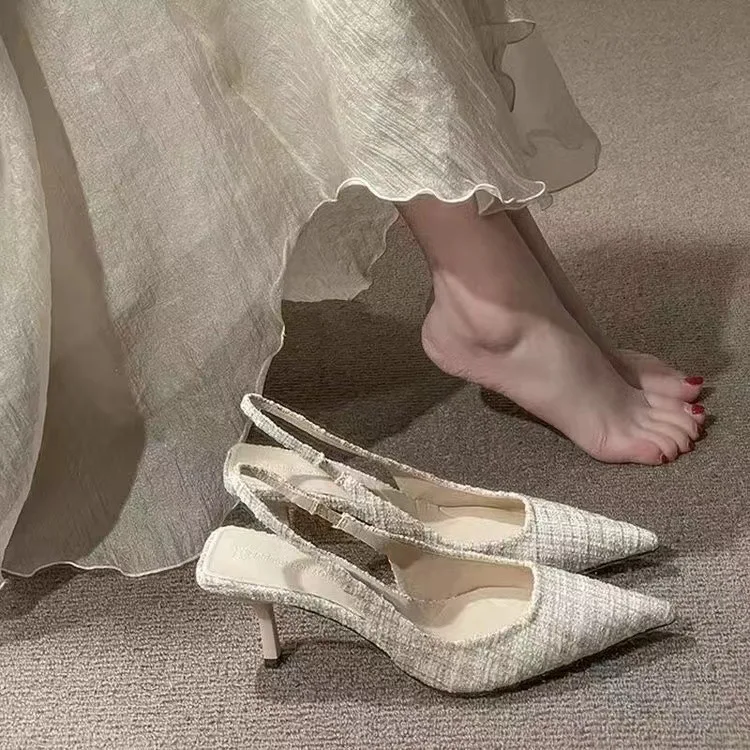 Sea Salt Blue Pointed High Heel Sandals Cloth Surface 6.5CM Thin Heel Shallow Mouth Slip on Single Shoe Women Outdoor Dress Shoe