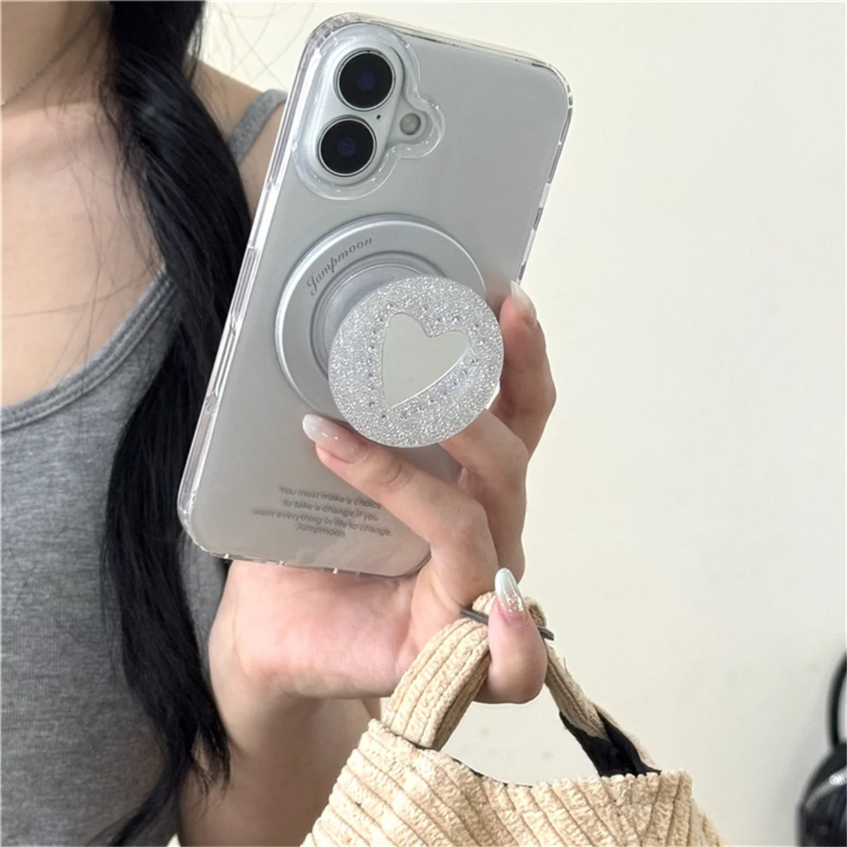 

Fashion Glossy Plating Silver Magnetic Phone Case For iPhone 16 Pro 13 14 Pro Max Cover with Love Holder For Magsafe