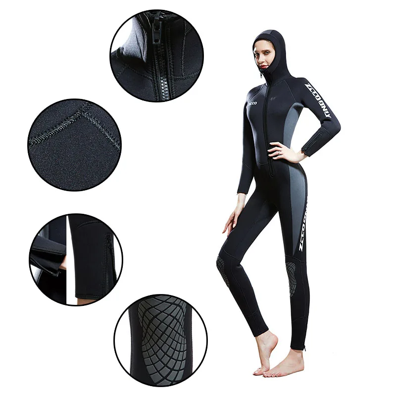 New Wetsuit Women 5mm Neoprene Diving Suit One-Piece Hooded Wetsuits Front Zipper Lady Surfing Suit Winter Cold Swimsuit